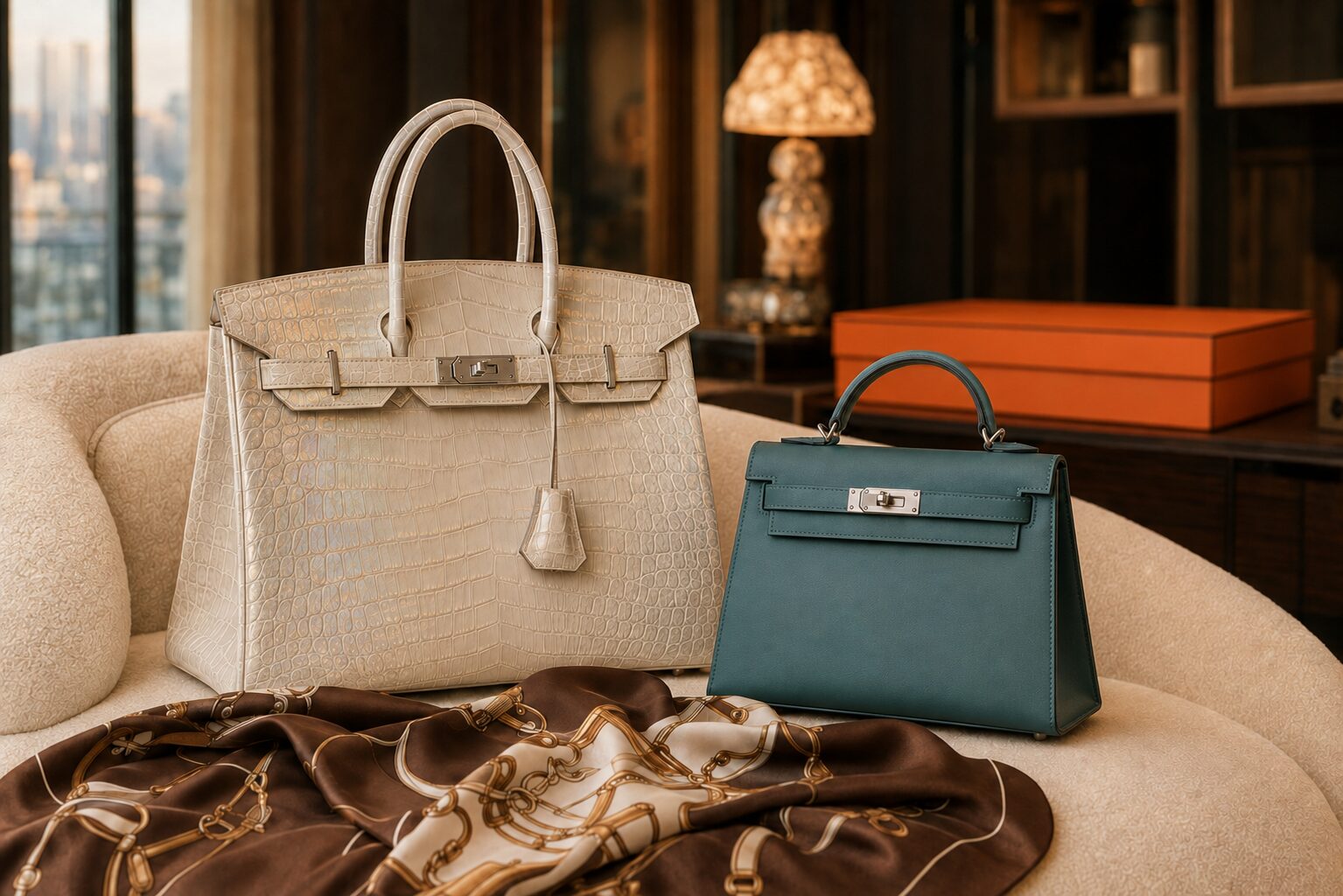 Hermès Birkin and Kelly bags on a bouclé sofa with a silk scarf